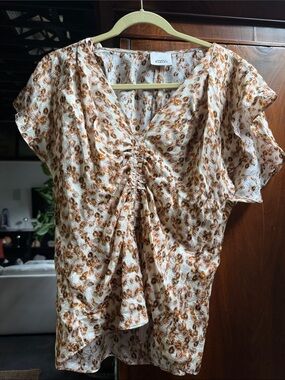 Isabel Marant Cream and Brown Floral Ruched V-Neck Blouse